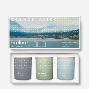 Skandinavisk 3 candle gift set in Explore - NEW in box - FJÄLL, FJORD + ØY scent